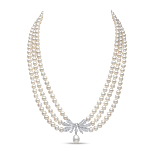 Ожерелье-бантик Contessa из 18-каратного золота с белым пресноводным жемчугом и бриллиантами