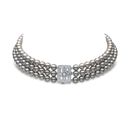 Классический чокер из 18-каратного белого золота с серым жемчугом Акойя и геометрической застежкой из бриллиантов