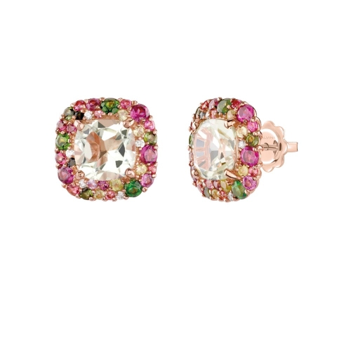 Серьги из розового золота с празиолитом «кушон», бриллиантами, турмалином и перидотами