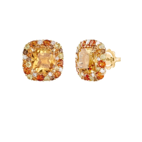 Серьги из жёлтого золота с цитрином «кушон», бриллиантами, перидотом и дымчатым кварцем