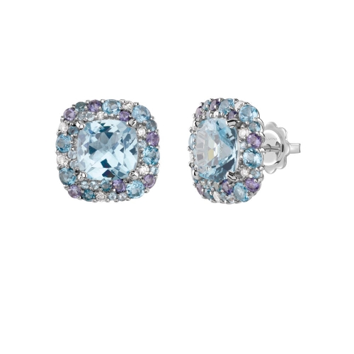 Серьги из белого золота с топазом «кушон», бриллиантами, иолитами и топазами London Blue