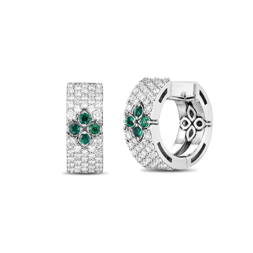 Серьги Love in Verona из белого золота 18 карат с полным паве из бриллиантов и изумрудами