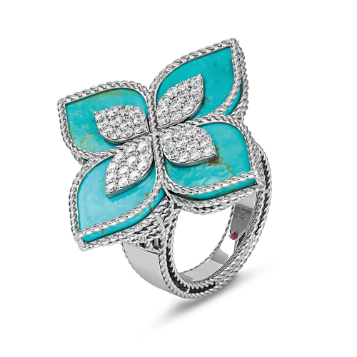 Кольцо Princess Flower из белого золота 18 карат с бирюзой и бриллиантами