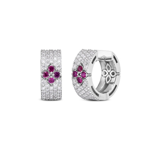 Серьги Love in Verona из белого золота 18 карат с полным паве из бриллиантов и рубинами