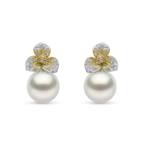 Серьги с бриллиантами и цветочным узором Sunrise, золото 18 карат, жемчуг, белый и желтый