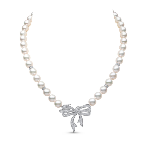 Ожерелье-бантик из 18-каратного белого золота с жемчугом и бриллиантами