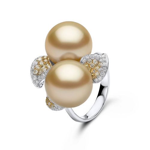 Кольцо с лепестком и бриллиантом Sunrise, 18-каратное золото, двойная тройная жемчужина Южных морей